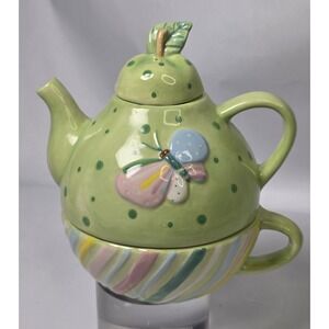 GANZ,Stacking Tea for One ,Green Polka Dot Pear w Butterfly, QUIRKY, COLLECTABLE